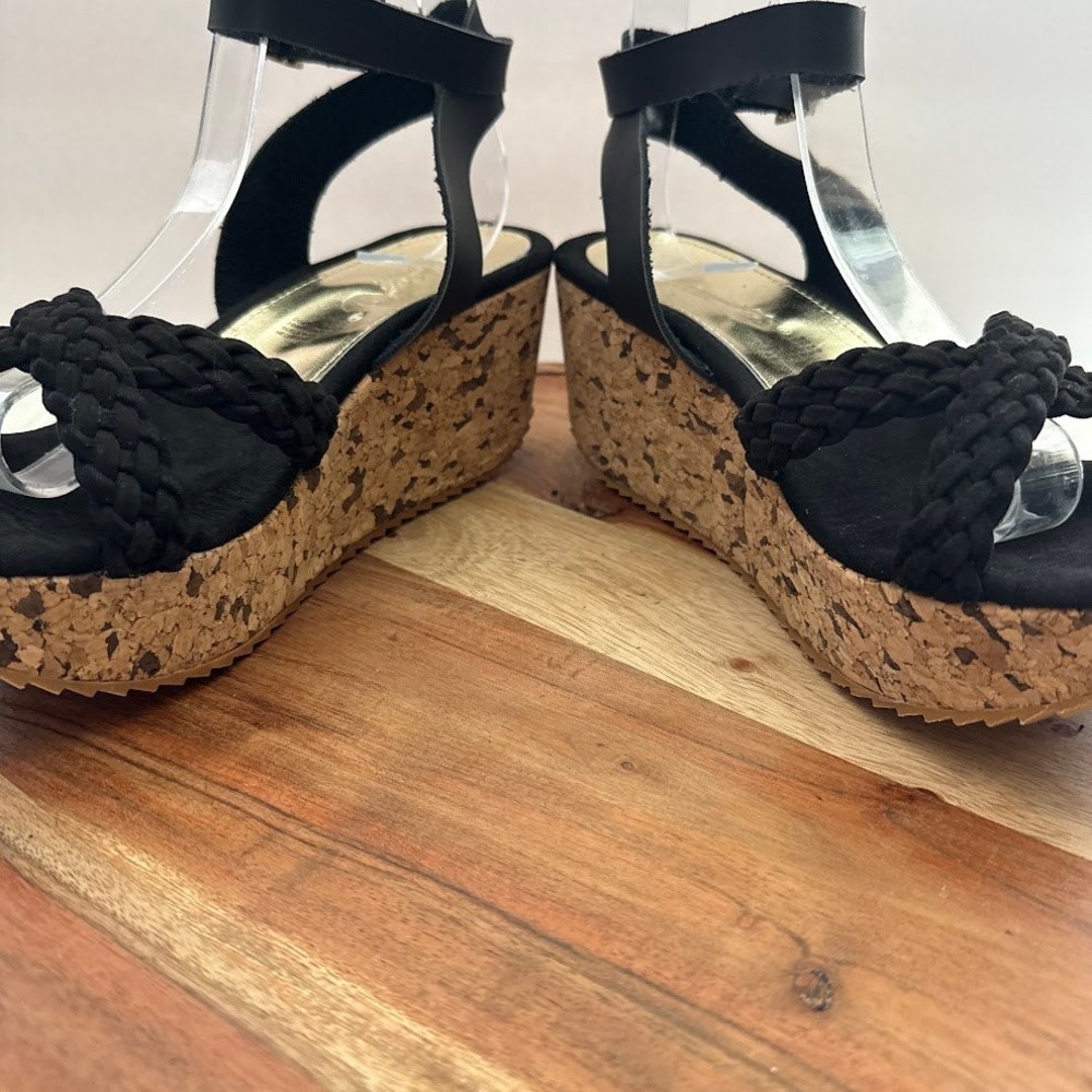 Alicia Leon Womens Black Braided Cork Size 8 Platform Wedge Sandals LIGHT WEIGHT - Picture 6 of 10